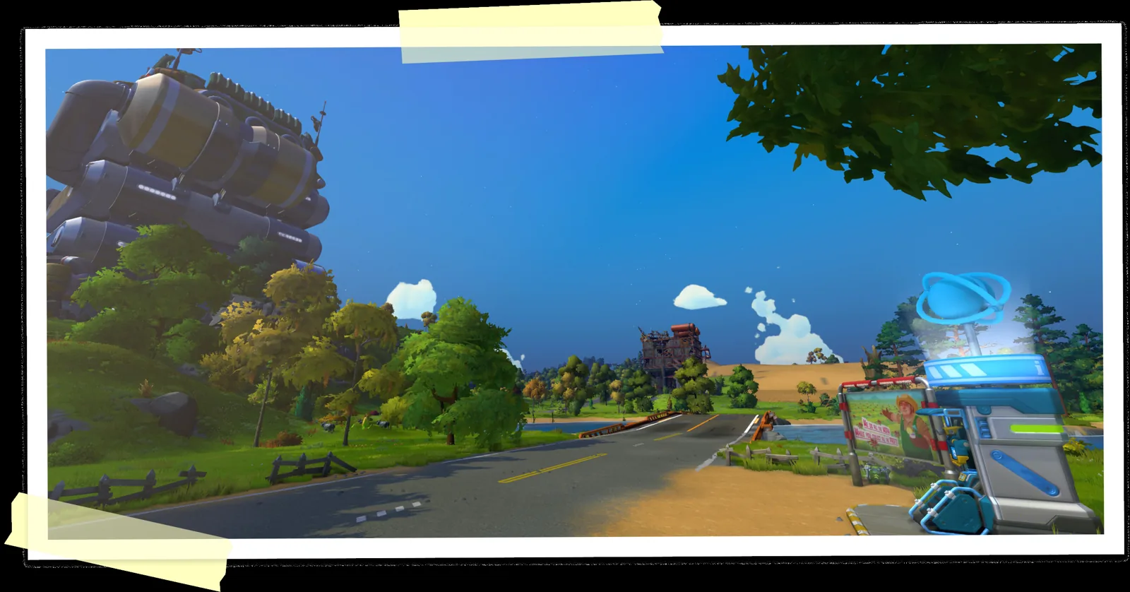 1.0 で刷新された地形。舗装路とファームの奥に廃墟が見える昼間の風景